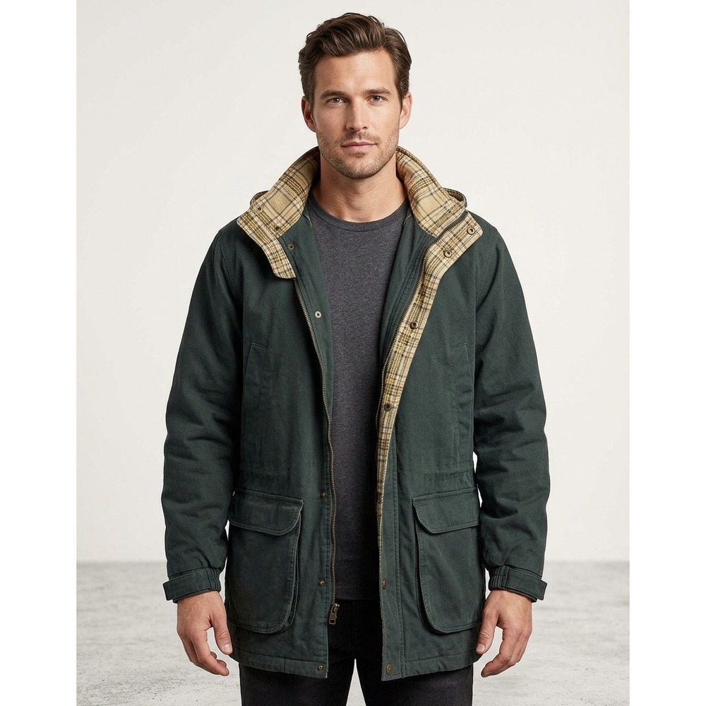 Northern Reflections Mens Green Hooded Field Jacket Plaid Lined Thinsulate M